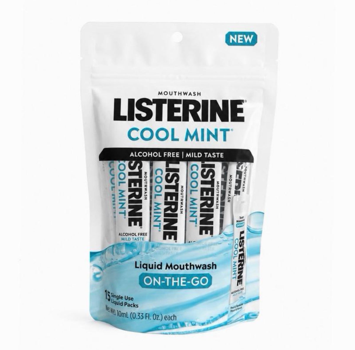 LISTERINE On-The-Go COOL MINT Alcohol Free Mouthwash Packets, 15 × 10 mL